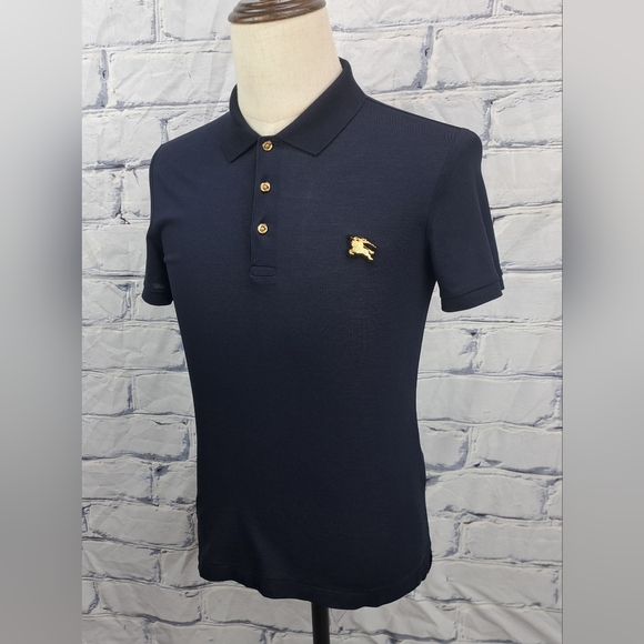 Burberry Men's Polo Shirt Navy Fine Mesh Gold Metal Equestrian Knight XS - Picture 8 of 16